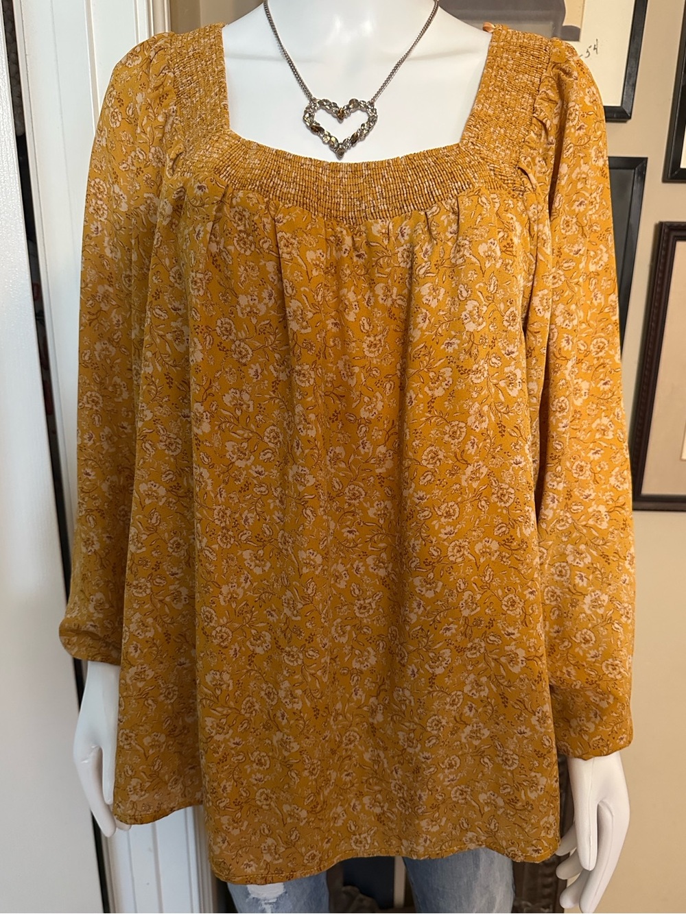 Smocked Square-Neck Floral Tunic Top in Mustard